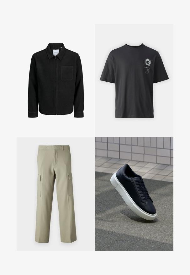 Sort lynlåsjakke med krave og en enkelt brystlomme, vist på hvid baggrund.; Sort bomulds T-shirt med korte ærmer, rund hals og frontgrafik af en sol og måne, ledsaget af teksten "Le Soleil et La Lune."; Lysgrønne cargo-bukser med lige ben, der har sidelommer og en glat stofoverflade. Bagsiden vises.; Sort lædersneaker med rund tå og hvid gummisål. Har flade snørebånd og minimal syning på overdelen. Tekstureret sål for bedre greb.