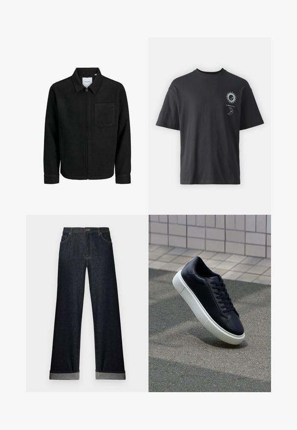 Musta vetoketjullinen takki, jossa on kaulus ja yksi rintatasku, esitelty valkoista taustaa vasten.; Musta puuvillapaita lyhyillä hihoilla, pyöreällä kaula-aukolla ja etupuolella graafiset kuvat auringosta ja kuusta, tekstinä "Le Soleil et La Lune."; Laskemittaiset tummansiniset farkut, joissa on käännetty helma, napillinen suljenta ja etutaskut. Kangas on sileä tekstuuriltaan ja siinä on hillittyä ompeluosiota.; Mustat nahkakengät, joissa on pyöristetty kärki ja valkoinen kumipohja. Varusteena litteät nauhat ja minimaalinen ommel ylhäällä. Teksturoitu pohja pitävyyden lisäämiseksi.