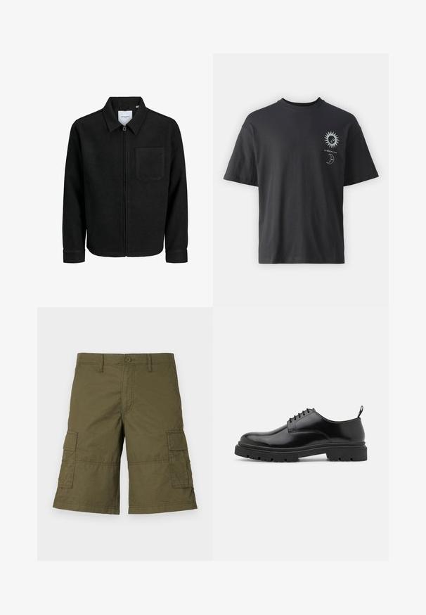 Schwarze Zip-Jacke mit Kragen und einer einzelnen Brusttasche, auf weißem Hintergrund präsentiert.; Schwarzes Baumwoll-T-Shirt mit kurzen Ärmeln, Rundhalsausschnitt und Vordergrafik eines Sonnen- und Mondmotivs, begleitet von dem Text "Le Soleil et La Lune."; Olivengrüne Cargo-Shorts mit Druckknopfverschluss, mehreren seitlichen Taschen und genähten Details. Hergestellt aus strapazierfähigem Stoff mit lockerer Passform.; Schwarze Leder Schnürschuhe mit runder Zehenpartie, glatter Oberfläche und genoppter Gummisohle. Verfügen über einen kleinen Absatz und eine Ziehschlaufe auf der Rückseite.