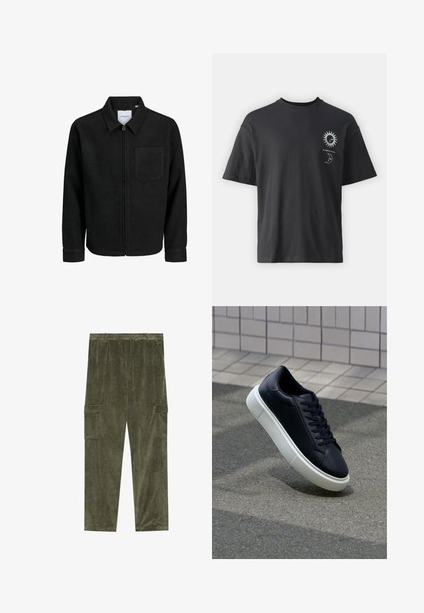 Crna jakna na zip s ovratnikom i jednim džepom na prsima, prikazana na bijeloj pozadini.; Crna pamučna majica kratkih rukava, okruglog izreza, s grafikom sunca i mjeseca na prednjoj strani, uz tekst "Le Soleil et La Lune."; Maslinasto zelene korduroy cargo hlače s vertikalnom rebrastom teksturom, koje imaju dva bočna džepa i elastičnu struk za udobnost.; Crne kožne tenisice s zaobljenim vrhom i bijelim gumiranim potplatom. Imaju ravne vezice i minimalno šivanje na gornjem dijelu. Teksturirani potplat za bolje prianjanje.