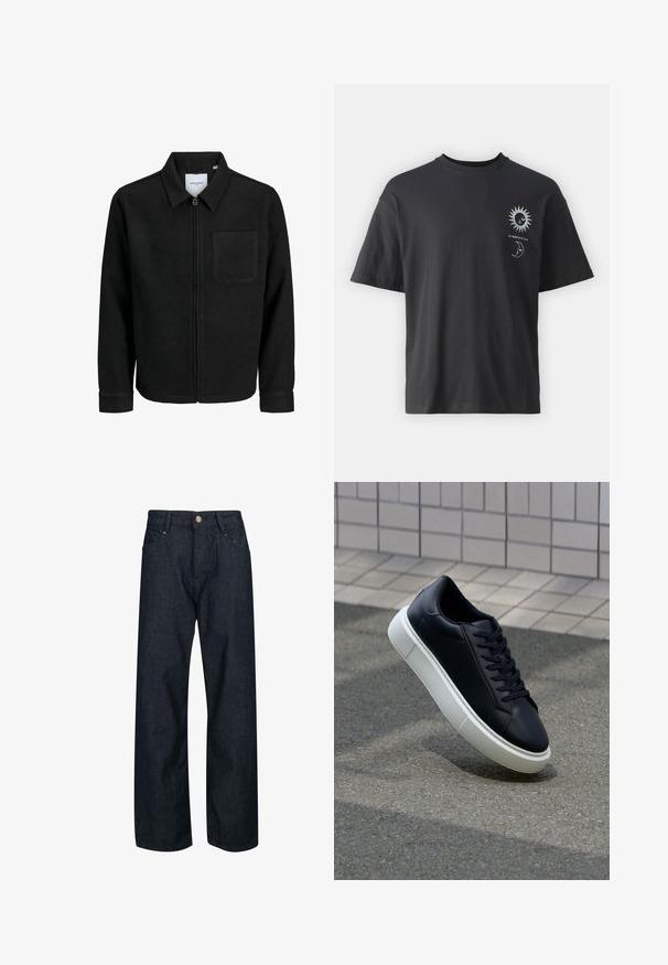 Mustaga lukuga jakker, millel on krae ja üks rinna-tasku, esitatud valgel taustal.; Must musta T-särk lühikeste varrukatega, ümar kaelus ning esiküljel päikese ja kuu graafika, millele on lisatud tekst "Le Soleil et La Lune."; Tumed sinised teksad otse lõikega, nupuga kinnitamine, viis taskut ja kontrastõmblused õmblustes.; Mustast nahast tennisetoss, millel on ümar nina ja valge kummist tall. Omab siredaid paelu ja minimaalset õmblemist ülemises osas. Tekstuuriga tald, mis tagab haakuvuse.