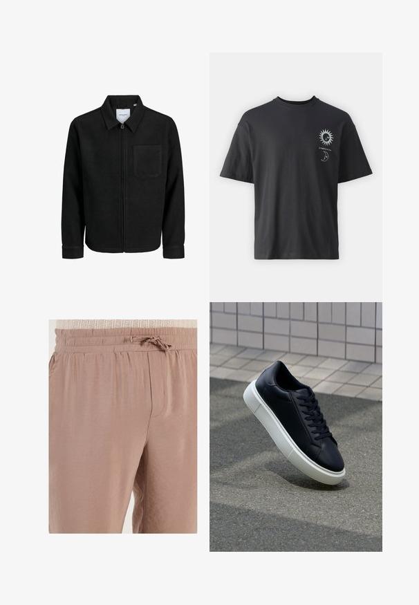 Fekete, zipzáros dzseki gallérral és egyetlen mellzsebbel, fehér háttéren.; Fekete pamut póló rövid ujjakkal, kerek nyakkal, elől nap és hold grafikával, mellette a "Le Soleil et La Lune" szöveggel.; Világosbarna jogger nadrág puha anyagból, elülső zsebekkel és húzózsinórral ellátott rugalmas derékkal.; Fekete bőr sportcipő lekerekített orral és fehér gumitalppal. Lapos fűzőkkel és minimális varrásokkal rendelkezik a felsőrészén. Mintás talp a tapadásért.