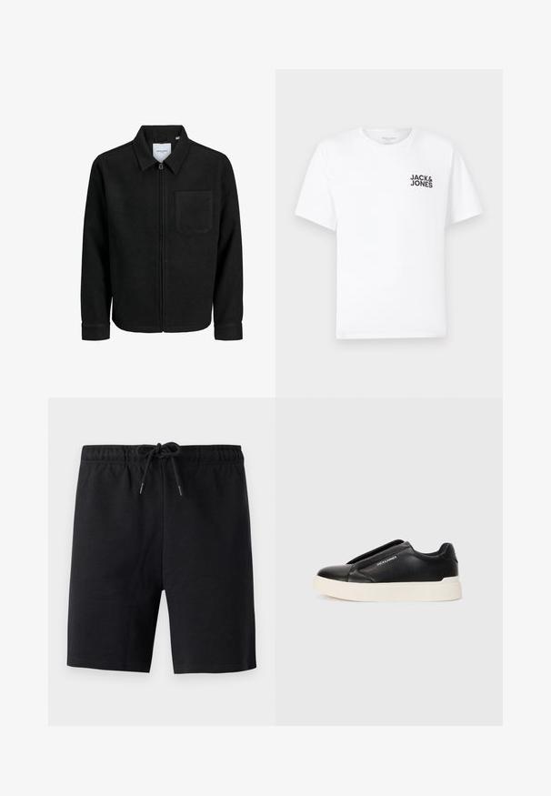 Sort lynlåsjakke med krave og en enkelt brystlomme, vist på hvid baggrund.; Hvid bomulds t-shirt, korte ærmer, rund hals. Har et sort tekstlogo "JACK & JONES" på venstre brystområde. Enkelt, ensartet design.; Sorte shorts lavet af blødt stof. Har en elastisk talje med snor. Enkelt design uden synlige mønstre eller detaljer.; Sort slip-on sneakers med tekstureret læderoverdel, hvid gummisål og uden synlige snørebånd. Har brandlogo på siden.