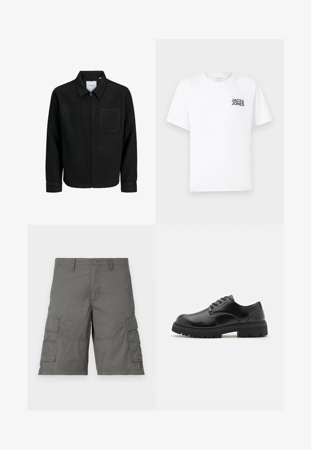 Melna jaka ar rāvējslēdzēju un apkakli, vienu krūšu kabatu, parādīta uz baltas fona.; Balts kokvilnas t-krekls, īsām piedurknēm, apaļo kakla izgriezumu. Uz kreisās krūts daļas ir melna teksta druka "JACK & JONES". Vienkāršs, bezpušķains dizains.; Pelēkas cargo šortas ar poga slēgšanu, vairākiem sānu kabatām un šuvju detaļām. Izgatavotas no viegla, izturīga auduma.; Melnas ādas kurpes ar noapaļotu purngalu, mezglu dizainu un biezu, strukturētu gumijas zoli. Satur šuvju detaļas gar malu un gludu apdari.