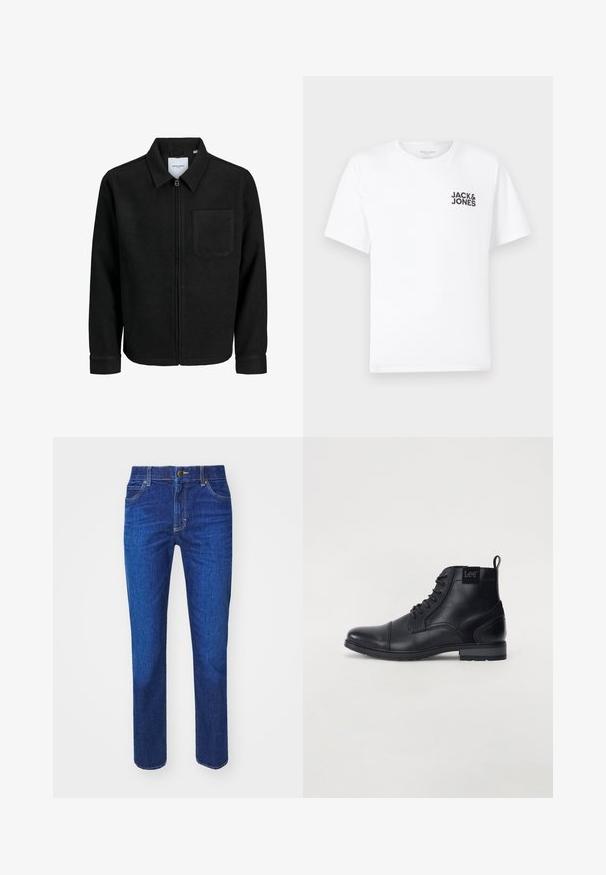 Chaqueta negra con cremallera y cuello, con un solo bolsillo en el pecho, expuesta sobre un fondo blanco.; Camiseta de algodón blanca, de manga corta, cuello redondo. Presenta el logo de texto en negro "JACK & JONES" en el área del pecho izquierdo. Diseño simple y liso.; Jeans de mezclilla azul oscuro con un ajuste recto, diseño de cinco bolsillos y costuras doradas. Presenta un cierre frontal con botón y pasadores para cinturón.; Botín negro de cuero hasta el tobillo con cordones, punta redonda, suela plana de goma y pequeño tirador en la parte posterior. Presenta un sutil logo en el costado.