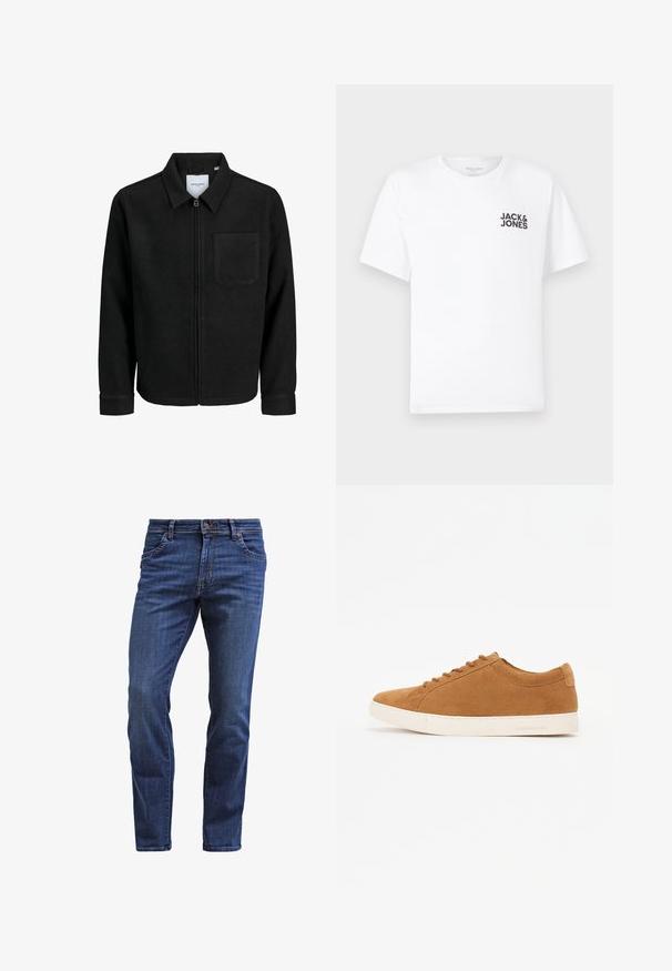 Mustaga lukuga jakker, millel on krae ja üks rinna-tasku, esitatud valgel taustal.; Valge puuvillane T-särk, lühikeste varrukatega, ümmarguse kaelusega. Vasakul rinnal on musta teksti logoga "JACK & JONES". Lihtne, üksikasjadeta disain.; Tumed sinised teksad sirge lõikega, viie taskuga, nööbiga sulgemine ja kerged kulumised reite kohal.; Pruunist nahast spordijalatsid madala ülemise disainiga, valge kummitald ja ümar varvas. Omab sobivaid sidekesi ja minimaalset brändi logo kontsapooles.
