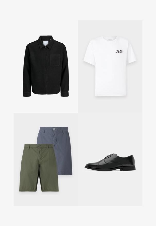Giacca nera con zip, colletto e una tasca sul petto, mostrata su sfondo bianco.; T-shirt bianca in cotone, maniche corte, collo rotondo. Presenta un logo in testo nero "JACK & JONES" nell'area sinistra del petto. Design semplice e minimale.; Due paia di pantaloni corti: uno verde oliva, l'altro blu navy. Entrambi presentano una chiusura con bottone, una linea dritta e un tessuto liscio con una leggera lucentezza.; Scarpa da uomo in pelle nera con punta rotonda, design con lacci, dettagli di cucitura discreti e tacco basso. Texture liscia con finitura lucida.