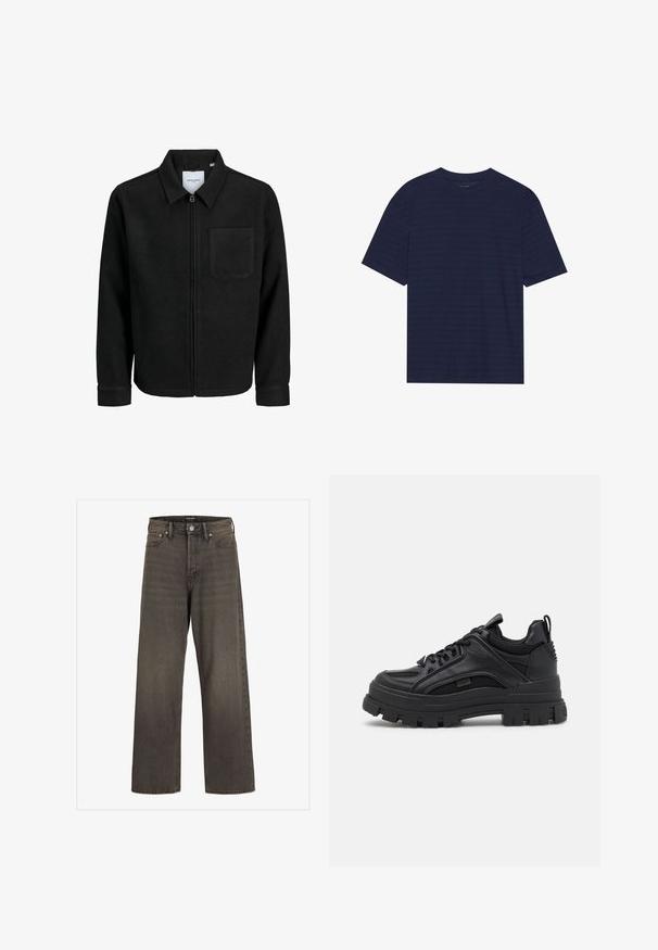 Crna jakna na zip s ovratnikom i jednim džepom na prsima, prikazana na bijeloj pozadini.; Tamno plava majica kratkih rukava s okruglim izrezom i suptilnim horizontalnim prugama po teksturi tkanine. Izrađena od mekog materijala.; Široke traperice u tamnosivom denimu, s visokim strukom, klasičnim dizajnom s pet džepova i kontrastnim šavovima duž šavova.; Crne chunky tenisice koje kombiniraju kožne i mrežaste materijale, imaju debelu potplatu, dizajn s vezicama i stražnji rukohvat.