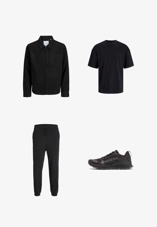 Melna jaka ar rāvējslēdzēju un apkakli, vienu krūšu kabatu, parādīta uz baltas fona.; Melns kokvilnas T-krekls ar apaļu kakla izgriezumu, īsām piedurknēm un brīvu piegriezumu. Gluda tekstūra un nav redzamu rakstu vai akcentu.; Melnas sporta bikses, kas izgatavotas no mīksta auduma, ar elastīgu jostu un auklu, kā arī elastīgām aprocēm pie potītēm.; Melnas Gore-Tex skriešanas kurpes ar sešstūra raksta zoli un cilpu pie papēža, redzētas no ārējās puses.