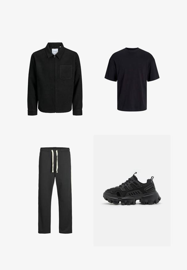 Črna jakna z zadrgo in ovratnikom ter enim žepom na prsih, prikazana na beli podlagi.; Črna bombažna majica s krojačkom izrezom, kratkimi rokavi in sproščenim krojem. Gladka tekstura in brez vidnih vzorcev ali poudarkov.; Črne trenirke iz mehkega blaga, z vrvico v pasu in belimi stranskimi črtami poznotraj šivov. Gladka tekstura skozi celotno oblačilo.; Črne športne copate z teksturirano gumijasto podplatom, plastnimi oblikovalskimi elementi in ojačanimi detajli. Imajo vezalke in zanko na peti.