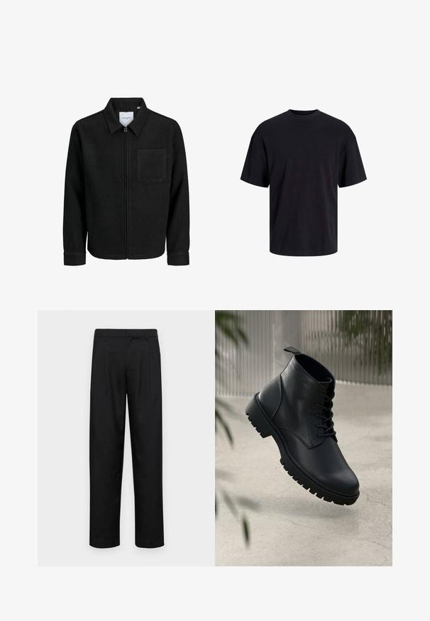 Sort lynlåsjakke med krave og en enkelt brystlomme, vist på hvid baggrund.; Sort bomulds t-shirt med rund hals, korte ærmer og en afslappet pasform. Glat tekstur uden synlige mønstre eller accenter.; Sorte bukser lavet af glat stof, med et lige ben-design, to frontfolder og en standard talje med bæltestropper.; Sorte læder ankelstøvler med rund tå, snørebåndsdesign og robust gummisål. Glat tekstur med en løkke bagpå.