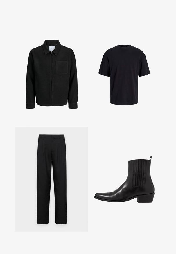 Schwarze Zip-Jacke mit Kragen und einer einzelnen Brusttasche, auf weißem Hintergrund präsentiert.; Schwarzes Baumwoll-T-Shirt mit Rundhalsausschnitt, kurzen Ärmeln und lässiger Passform. Glatte Oberflächenstruktur und keine sichtbaren Muster oder Akzente.; Schwarze Hose aus glattem Stoff, mit geradem Bein Design, zwei vorderen Falten und einem Standardbund mit Gürtelschlaufen.; Schwarze Leder- ankle boot mit spitzem Zehenbereich, elastischen Seitenpaneelen, vertikalen Steppnähten und einem niedrigen Blockabsatz.