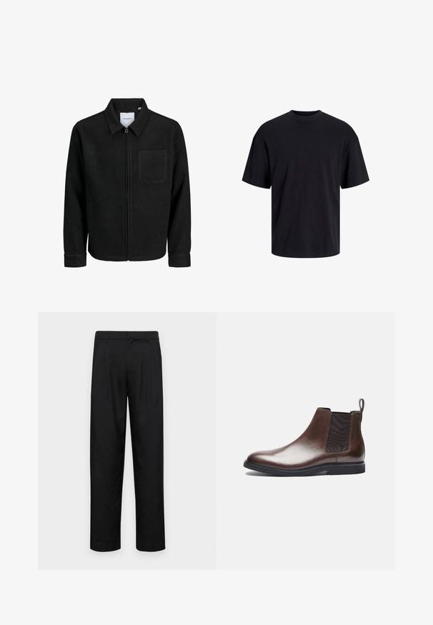 Melna jaka ar rāvējslēdzēju un apkakli, vienu krūšu kabatu, parādīta uz baltas fona.; Melns kokvilnas T-krekls ar apaļu kakla izgriezumu, īsām piedurknēm un brīvu piegriezumu. Gluda tekstūra un nav redzamu rakstu vai akcentu.; Melnas bikses, izgatavotas no gludas auduma, ar taisnu kāju dizainu, divām priekšējām krokām un standarta jostu, kurai ir āķi.; Zign LEATHER - Klasiski puszābaki - brown