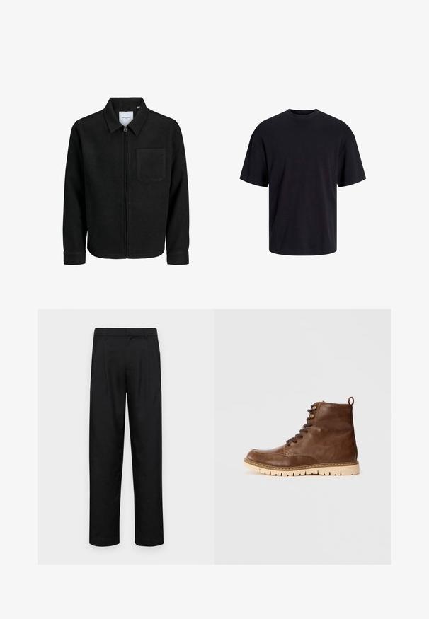 Čierna zipsová bunda s golierom a jednou náprsníkou, vystavená na bielom pozadí.; Čierne bavlnené tričko s okrúhlym výstrihom, krátkymi rukávmi a uvoľneným strihom. Hladká textúra bez viditeľných vzorov alebo akcentov.; Čierne nohavice vyrobené z hladkej tkaniny, s rovnými nohavicami, dvoma prednými skladmi a štandardným pásom s pútkami na opasok.; Hnedé kožené členkové topánky s textúrovaným povrchom, so zaoblenými hnedými šnúrkami, pútkom a svetlou gumovou podrážkou s drážkami.