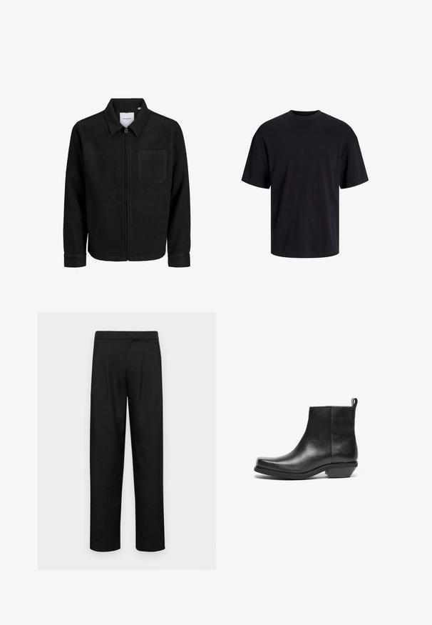 Črna jakna z zadrgo in ovratnikom ter enim žepom na prsih, prikazana na beli podlagi.; Črna bombažna majica s krojačkom izrezom, kratkimi rokavi in sproščenim krojem. Gladka tekstura in brez vidnih vzorcev ali poudarkov.; Črne hlače iz gladkega materiala, s krojem ravne noge, dvema sprednjima pregiboma in standardnim pasom z zankami za pas.; Črne usnjene gležnjarje s koničastim prstom in nizko blokasto peto. Elegantna oblika z gladko teksturo in zanka za enostavno obuvanje.