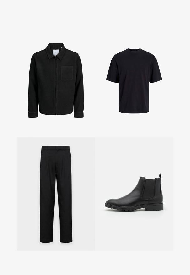 Jachetă neagră cu fermoar, cu guler și un singur buzunar pe piept, expusă pe fundal alb.; Tricou din bumbac negru, cu guler rotund, mâneci scurte și o croială lejeră. Textură netedă și fără modele sau accente vizibile.; Pantaloni negri dintr-un material neted, cu un design drept, două pliuri frontale și un tiv standard cu bucle pentru curea.; Botine Chelsea din piele neagră, cu panouri elastice laterale și un tab de tragere, având vârful rotunjit și talpa din cauciuc texturat.