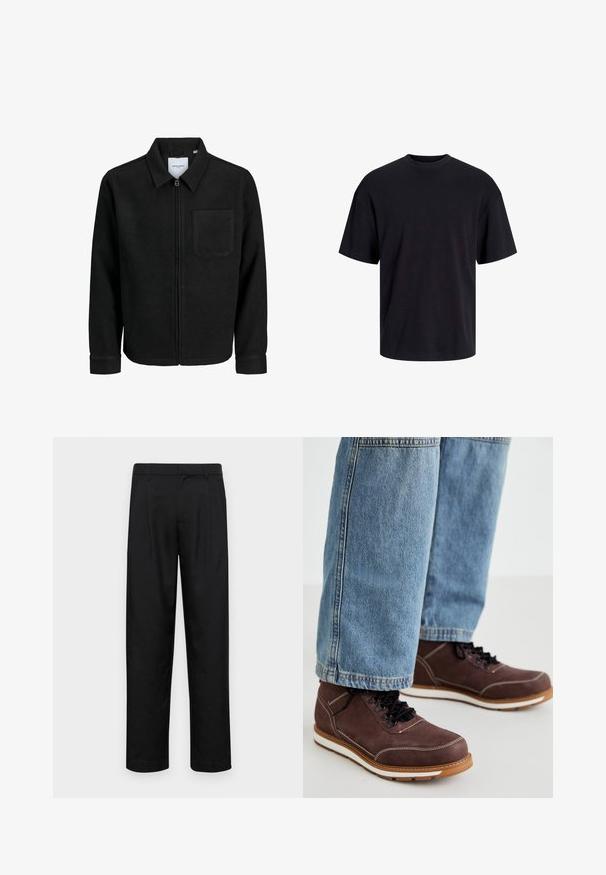 Veste zippée noire avec col et poche poitrine unique, présentée sur fond blanc.; T-shirt en coton noir avec un col ras du cou, des manches courtes et une coupe décontractée. Texture lisse sans motifs ni accents visibles.; Pantalons noirs en tissu lisse, avec une coupe droite, deux plis avant et une taille standard avec passants de ceinture.; Bottines en cuir marron avec des lacets noirs, des coutures blanches et une semelle en caoutchouc. Associées à un jean en denim bleu clair, légèrement ample.