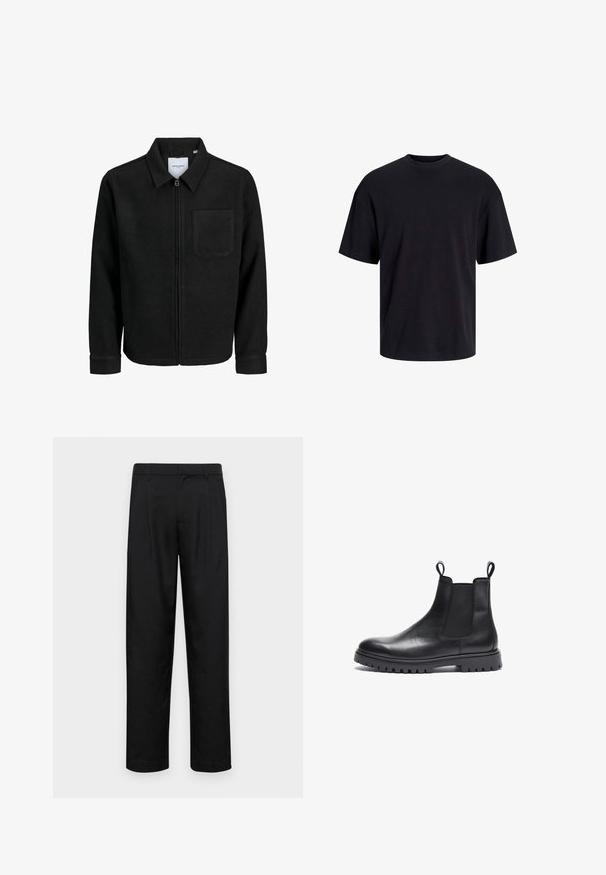 Musta vetoketjullinen takki, jossa on kaulus ja yksi rintatasku, esitelty valkoista taustaa vasten.; Musta puuvillapaita, jossa on pyöreä kaula-aukko, lyhyet hihat ja rento muotoilu. Yksinkertainen ja sileä pinta, ilman näkyviä kuvioita tai koristeita.; Mustat housut, jotka on valmistettu sileästä kankaasta, suoran lahkeen muotoilulla, kahdella etupleekillä ja tavanomaisella vyötäröllä, jossa on vyölenkit.; Mustat nahkaiset Chelsea-saappaat, joissa on teksturoitu pinta, joustavat sivupaneelit ja vetonauhat. Varustettu tukevalla kumipohjalla, jossa on kuviointi.