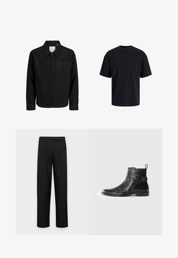 Sort lynlåsjakke med krave og en enkelt brystlomme, vist på hvid baggrund.; Sort bomulds t-shirt med rund hals, korte ærmer og en afslappet pasform. Glat tekstur uden synlige mønstre eller accenter.; Sorte bukser lavet af glat stof, med et lige ben-design, to frontfolder og en standard talje med bæltestropper.; Sorte læder ankelstøvler med rund tå, sidespænde detaljer og en løkkerings på hælen. Flad sål med en subtil glansfinish.