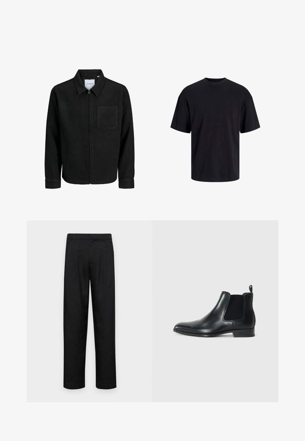 Veste zippée noire avec col et poche poitrine unique, présentée sur fond blanc.; T-shirt en coton noir avec un col ras du cou, des manches courtes et une coupe décontractée. Texture lisse sans motifs ni accents visibles.; Pantalons noirs en tissu lisse, avec une coupe droite, deux plis avant et une taille standard avec passants de ceinture.; Bottines Chelsea en cuir noir avec panneaux latéraux élastiques, bout arrondi, petite languette à l'arrière et talon bas empilé. Texture lisse.