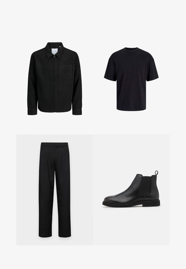 Chaqueta negra con cremallera y cuello, con un solo bolsillo en el pecho, expuesta sobre un fondo blanco.; Camiseta de algodón negra con cuello redondo, mangas cortas y un ajuste relajado. Textura suave y sin patrones ni acentos visibles.; Pantalones negros de tela suave, con un diseño de pierna recta, dos pliegues frontales y una cintura estándar con trabillas para el cinturón.; Botas Chelsea de cuero negro con paneles laterales elásticos y una lengüeta. Punta redonda y suela de goma plana, con un acabado suave.