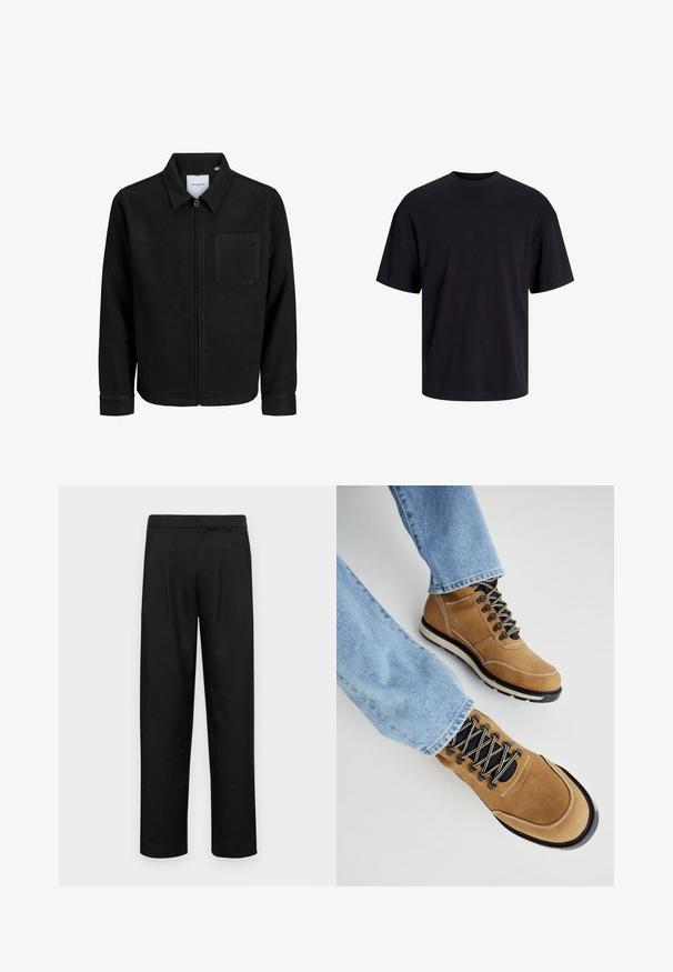 Chaqueta negra con cremallera y cuello, con un solo bolsillo en el pecho, expuesta sobre un fondo blanco.; Camiseta de algodón negra con cuello redondo, mangas cortas y un ajuste relajado. Textura suave y sin patrones ni acentos visibles.; Pantalones negros de tela suave, con un diseño de pierna recta, dos pliegues frontales y una cintura estándar con trabillas para el cinturón.; Botas de senderismo de ante marrón con cordones negros, suelas de goma y detalles en blanco. Combinadas con jeans azules claros. Vista en primer plano del calzado.