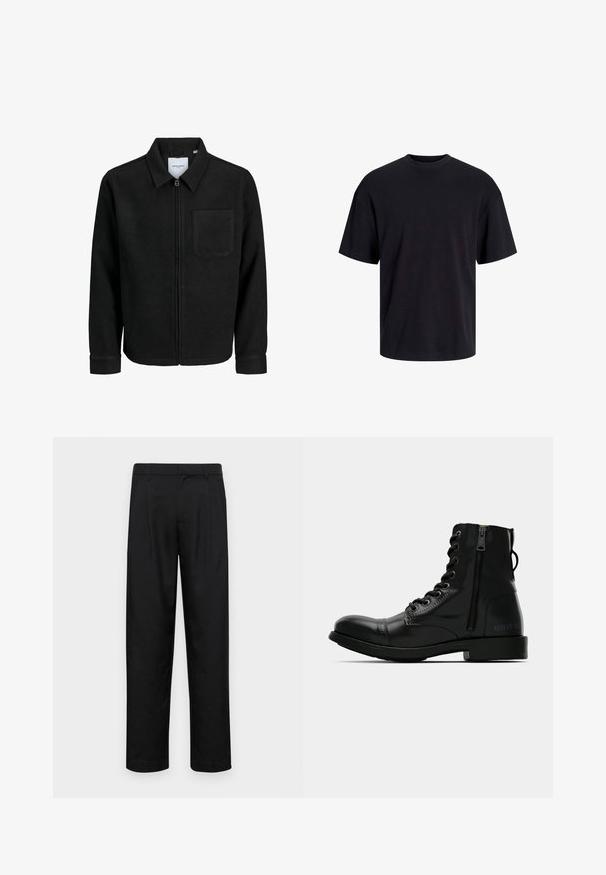 Melna jaka ar rāvējslēdzēju un apkakli, vienu krūšu kabatu, parādīta uz baltas fona.; Melns kokvilnas T-krekls ar apaļu kakla izgriezumu, īsām piedurknēm un brīvu piegriezumu. Gluda tekstūra un nav redzamu rakstu vai akcentu.; Melnas bikses, izgatavotas no gludas auduma, ar taisnu kāju dizainu, divām priekšējām krokām un standarta jostu, kurai ir āķi.; Melna ādas potītes zābaku ar noapaļotu purngalu, priekšējo auklu, sānu rāvējslēdzēju un plakanu zoli. Iespējas: iešūta zīmola emblēma uz papēža.