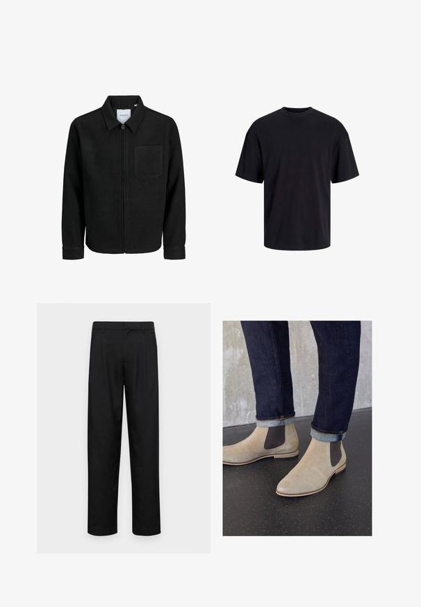 Mustaga lukuga jakker, millel on krae ja üks rinna-tasku, esitatud valgel taustal.; Must must on mustre, lühikeste varrukatega ja vabalt langev. Sile tekstuur ja ilma nähtavate mustrite või aktsentideta.; Mustad mustadest riietest, millel on sirge jalgade disain, kaks eesmist voltimist ja tavaline vöökoht, millel on vöökohad.; Zign LEATHER - Klassikalised poolsaapad - sand