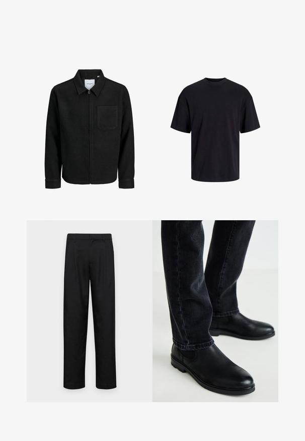 Melna jaka ar rāvējslēdzēju un apkakli, vienu krūšu kabatu, parādīta uz baltas fona.; Melns kokvilnas T-krekls ar apaļu kakla izgriezumu, īsām piedurknēm un brīvu piegriezumu. Gluda tekstūra un nav redzamu rakstu vai akcentu.; Melnas bikses, izgatavotas no gludas auduma, ar taisnu kāju dizainu, divām priekšējām krokām un standarta jostu, kurai ir āķi.; Melnas ādas potītes zābaki ar noapaļotu purngalu un elastīgām sānu malām, valkāti ar tumši ziliem džinsiem, uzsverot gludu tekstūru un rāmu dizainu.