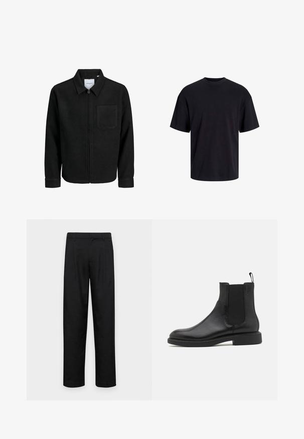 Musta vetoketjullinen takki, jossa on kaulus ja yksi rintatasku, esitelty valkoista taustaa vasten.; Musta puuvillapaita, jossa on pyöreä kaula-aukko, lyhyet hihat ja rento muotoilu. Yksinkertainen ja sileä pinta, ilman näkyviä kuvioita tai koristeita.; Mustat housut, jotka on valmistettu sileästä kankaasta, suoran lahkeen muotoilulla, kahdella etupleekillä ja tavanomaisella vyötäröllä, jossa on vyölenkit.; Mustat nahkasaappaat nilkkamittaisina, joissa on sileä pinta, joustavat sivupaneelit ja vetotappi. Pyöreä varvastila ja litteat kumipohjat, joissa on minimaalinen pito.