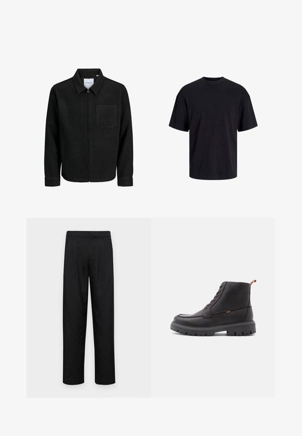 Musta vetoketjullinen takki, jossa on kaulus ja yksi rintatasku, esitelty valkoista taustaa vasten.; Musta puuvillapaita, jossa on pyöreä kaula-aukko, lyhyet hihat ja rento muotoilu. Yksinkertainen ja sileä pinta, ilman näkyviä kuvioita tai koristeita.; Mustat housut, jotka on valmistettu sileästä kankaasta, suoran lahkeen muotoilulla, kahdella etupleekillä ja tavanomaisella vyötäröllä, jossa on vyölenkit.; Ruske usnjene gležnjarje s okroglo konico, toniranim šivom, robustnim črnim gumijastim podplatom in oranžnim vzvodom na peti.