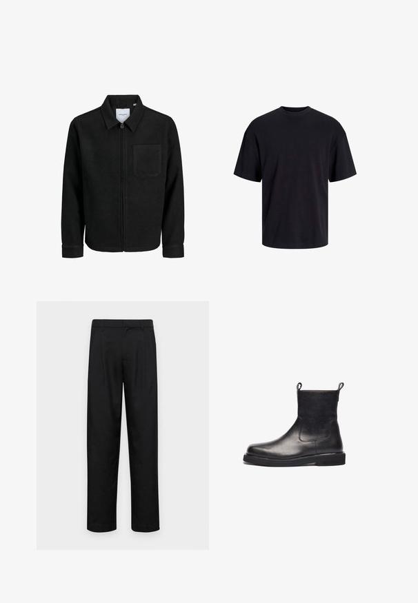 Crna jakna na zip s ovratnikom i jednim džepom na prsima, prikazana na bijeloj pozadini.; Crna pamučna majica s okruglim izrezom, kratkim rukavima i opuštenim krojem. Glatka tekstura bez vidljivih uzoraka ili dekoracija.; Crne hlače od glatkog materijala, s dizajnom ravnih nogavica, dva prednja nabora i standardnim pojasom s petljama za remen.; Crne kožne gležnjače s glatkom završnom obradom, elastičnim bočnim panelima i petnim trakama, s okruglim vrhom i ravnim gumenim potplatom.