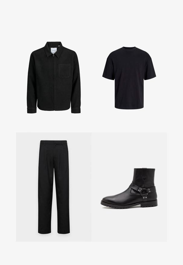 Juodas džemperis su užtrauktuku, apykakle ir vienu krūtiniu kišenėje, pristatytas baltame fone.; Juodas medvilninis marškinėlis su apvaliu iškirpimu, trumpomis rankovėmis ir laisvu siluetu. Glotni tekstūra, be matomų raštų ar akcentų.; Juodi kelnių modeliai, pagaminti iš lygios medžiagos, turi tiesią kojas, du priekiniai klostės ir standartinę juosmenį su diržo kilpomis.; Juodos odinės kulkšninių botų su smailiu pirštu, plokščiu guminio pado ir dekoratyvine dirželiu su metaliniu žiedu ir kalnų kristalais. Sklandi tekstūra.