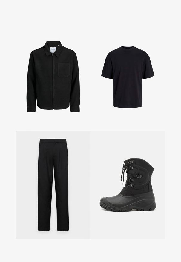 Juodas džemperis su užtrauktuku, apykakle ir vienu krūtiniu kišenėje, pristatytas baltame fone.; Juodas medvilninis marškinėlis su apvaliu iškirpimu, trumpomis rankovėmis ir laisvu siluetu. Glotni tekstūra, be matomų raštų ar akcentų.; Juodi kelnių modeliai, pagaminti iš lygios medžiagos, turi tiesią kojas, du priekiniai klostės ir standartinę juosmenį su diržo kilpomis.; Juodas vandeniui atsparus žiemos batais su tekstiline viršutine dalimi, raištelių užsegimu, guminiais padais, siuvinėta dizaino ir tekstūruotais akcentais geresniam sukibimui ir šilumos izoliacijai.