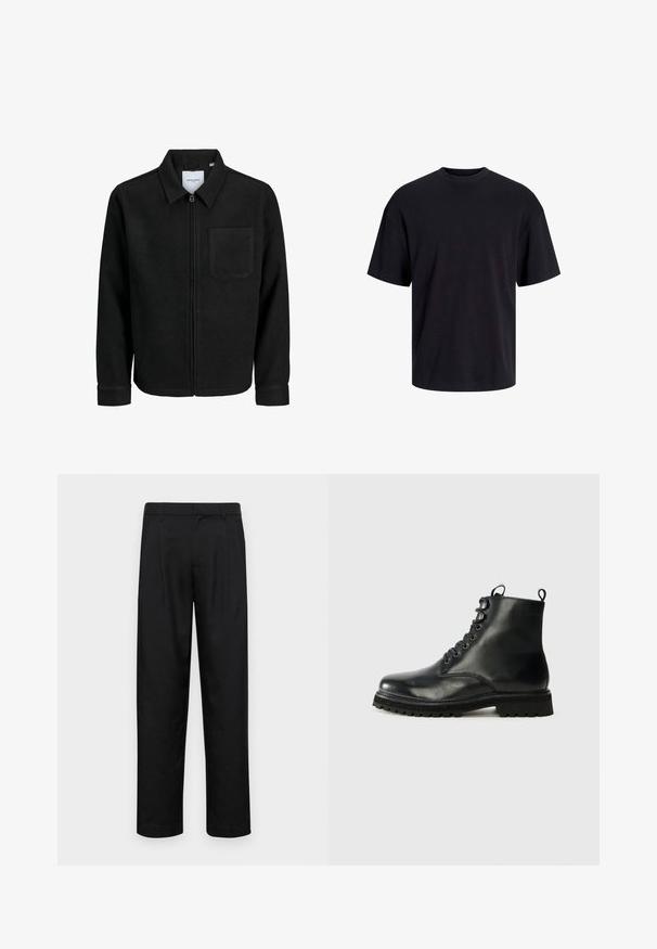 Chaqueta negra con cremallera y cuello, con un solo bolsillo en el pecho, expuesta sobre un fondo blanco.; Camiseta de algodón negra con cuello redondo, mangas cortas y un ajuste relajado. Textura suave y sin patrones ni acentos visibles.; Pantalones negros de tela suave, con un diseño de pierna recta, dos pliegues frontales y una cintura estándar con trabillas para el cinturón.; Bota de tobillo de cuero negro con punta redondeada, parte delantera con cordones y suela de goma texturizada. Presenta una lengüeta en el talón y costuras en contraste.