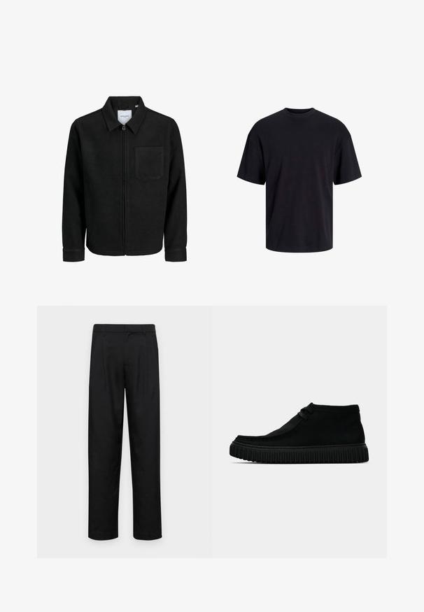 Mustaga lukuga jakker, millel on krae ja üks rinna-tasku, esitatud valgel taustal.; Must must on mustre, lühikeste varrukatega ja vabalt langev. Sile tekstuur ja ilma nähtavate mustrite või aktsentideta.; Mustad mustadest riietest, millel on sirge jalgade disain, kaks eesmist voltimist ja tavaline vöökoht, millel on vöökohad.; Mustad must põlvini saapad, mis on valmistatud pehmest materjalist, ümarate varvastega, minimaalsete paeltega ja tekstureeritud kummitald, millel on vertikaalsed sooned.