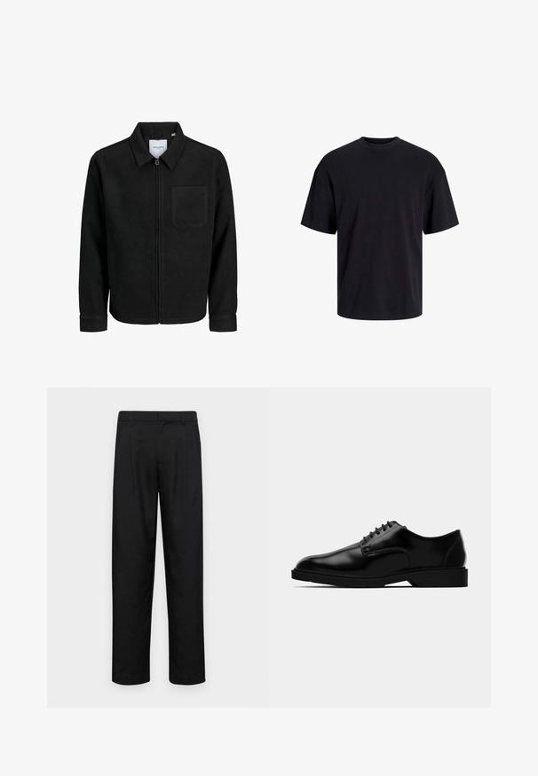 Schwarze Zip-Jacke mit Kragen und einer einzelnen Brusttasche, auf weißem Hintergrund präsentiert.; Schwarzes Baumwoll-T-Shirt mit Rundhalsausschnitt, kurzen Ärmeln und lässiger Passform. Glatte Oberflächenstruktur und keine sichtbaren Muster oder Akzente.; Schwarze Hose aus glattem Stoff, mit geradem Bein Design, zwei vorderen Falten und einem Standardbund mit Gürtelschlaufen.; Schwarze Lederdressschuhe mit glatter Oberfläche, rundem Zehenbereich, schnürbarem Design und unauffälliger Gummisohle für besseren Halt.