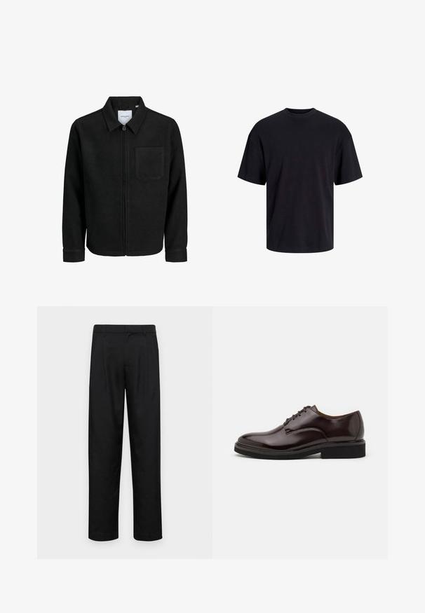 Mustaga lukuga jakker, millel on krae ja üks rinna-tasku, esitatud valgel taustal.; Must must on mustre, lühikeste varrukatega ja vabalt langev. Sile tekstuur ja ilma nähtavate mustrite või aktsentideta.; Mustad mustadest riietest, millel on sirge jalgade disain, kaks eesmist voltimist ja tavaline vöökoht, millel on vöökohad.; Pruuni nahast Oxford-saadetega, läikiva viimistlusega, ümmarguse varbaga, nöördisainiga ja paksu musta kummitald. Ülemisel osal õmblustäht.