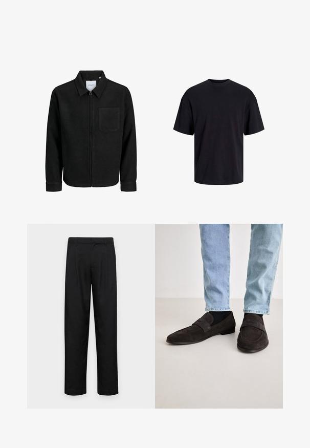 Giacca nera con zip, colletto e una tasca sul petto, mostrata su sfondo bianco.; T-shirt in cotone nero con collo rotondo, maniche corte e vestibilità morbida. Texture liscia senza pattern o dettagli visibili.; Pantaloni neri realizzati in tessuto liscio, caratterizzati da un taglio dritto, due pieghe frontali e una vita standard con passanti per la cintura.; Mocassini in suede marrone scuro con suola piatta e una fascia larga sulla parte superiore. Indossati con jeans di denim azzurro chiaro e calzini neri.