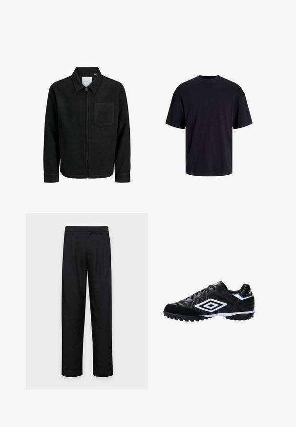 Giacca nera con zip, colletto e una tasca sul petto, mostrata su sfondo bianco.; T-shirt in cotone nero con collo rotondo, maniche corte e vestibilità morbida. Texture liscia senza pattern o dettagli visibili.; Pantaloni neri realizzati in tessuto liscio, caratterizzati da un taglio dritto, due pieghe frontali e una vita standard con passanti per la cintura.; Scarpa da calcio nera in pelle sintetica, con upper testurizzato, dettagli bianchi e blu, suola in gomma con tacchetti per la trazione.