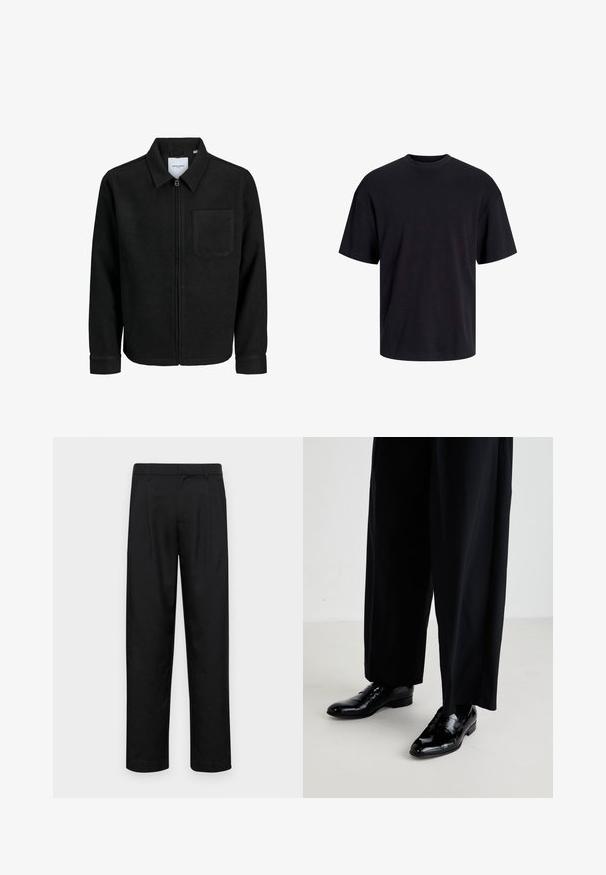 Schwarze Zip-Jacke mit Kragen und einer einzelnen Brusttasche, auf weißem Hintergrund präsentiert.; Schwarzes Baumwoll-T-Shirt mit Rundhalsausschnitt, kurzen Ärmeln und lässiger Passform. Glatte Oberflächenstruktur und keine sichtbaren Muster oder Akzente.; Schwarze Hose aus glattem Stoff, mit geradem Bein Design, zwei vorderen Falten und einem Standardbund mit Gürtelschlaufen.; Schwarze Lederschuhe mit glänzender Oberfläche, mit einer glatten Spitze und einem niedrigen Absatz, kombiniert mit lockeren schwarzen Hosen.