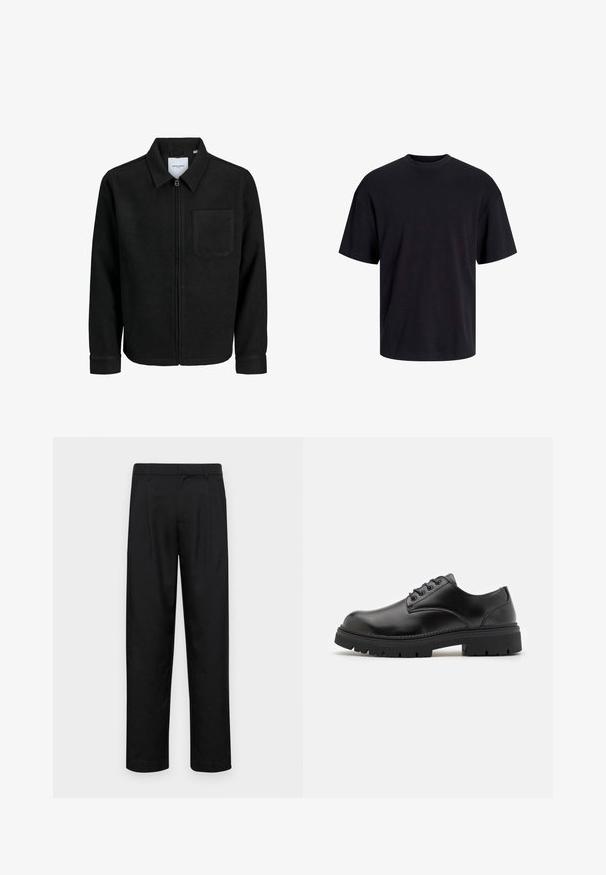 Veste zippée noire avec col et poche poitrine unique, présentée sur fond blanc.; T-shirt en coton noir avec un col ras du cou, des manches courtes et une coupe décontractée. Texture lisse sans motifs ni accents visibles.; Pantalons noirs en tissu lisse, avec une coupe droite, deux plis avant et une taille standard avec passants de ceinture.; Chaussures en cuir noir avec un bout rond, un laçage et une semelle en caoutchouc épaisse et texturée. Présente des coutures le long du bord et une finition lisse.