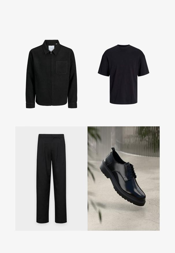 Fekete, zipzáros dzseki gallérral és egyetlen mellzsebbel, fehér háttéren.; Fekete pamut póló, kerek nyakkivágással, rövid ujjú és laza fazonú. Simább anyagú, látható minták vagy díszítések nélkül.; Fekete nadrág sima anyagból, egyenes szárú fazonnal, két elülső redővel és közönséges derékkal, övhurkokkal.; Fekete bőr cipő fényes felülettel, kerek orral, fűzős kialakítással, kontrasztos varrással és vastag gumitalppal, amelyen barázdák találhatók.
