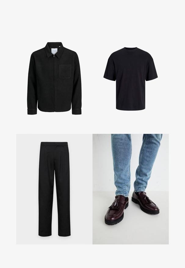 Schwarze Zip-Jacke mit Kragen und einer einzelnen Brusttasche, auf weißem Hintergrund präsentiert.; Schwarzes Baumwoll-T-Shirt mit Rundhalsausschnitt, kurzen Ärmeln und lässiger Passform. Glatte Oberflächenstruktur und keine sichtbaren Muster oder Akzente.; Schwarze Hose aus glattem Stoff, mit geradem Bein Design, zwei vorderen Falten und einem Standardbund mit Gürtelschlaufen.; Burgunderfarbene Leder_SLIPPER mit Quasten und einer strukturierten Oberseite, kombiniert mit hellblauen Denim-Jeans. Schwarze Gummisohle sichtbar.