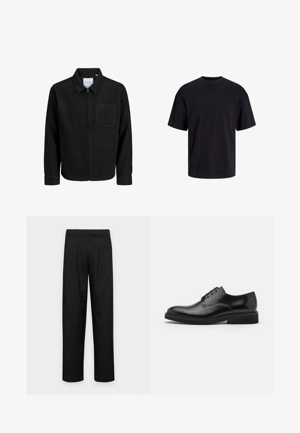 Mustaga lukuga jakker, millel on krae ja üks rinna-tasku, esitatud valgel taustal.; Must must on mustre, lühikeste varrukatega ja vabalt langev. Sile tekstuur ja ilma nähtavate mustrite või aktsentideta.; Mustad mustadest riietest, millel on sirge jalgade disain, kaks eesmist voltimist ja tavaline vöökoht, millel on vöökohad.; Mustad musta nahast king, ümarate varvastega, viie silmaga paeltele, sile tekstuur ja madal kummist tall.