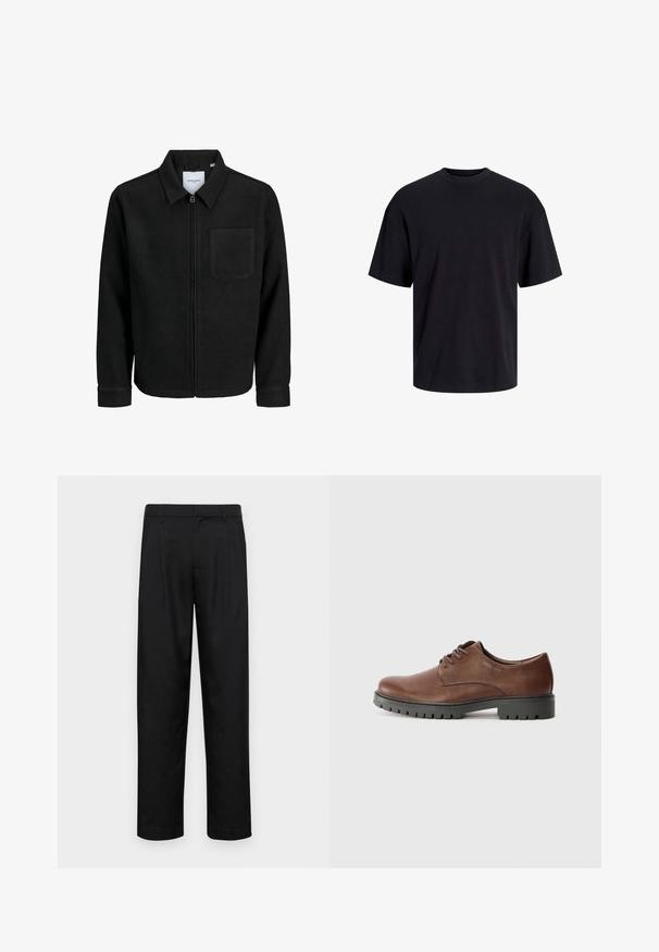 Black zip-up jacket with collar and single chest pocket, displayed on white background.; Black cotton t-shirt with a crew neckline, short sleeves, and a relaxed fit. Smooth texture and no visible patterns or accents.; Black trousers made of smooth fabric, featuring a straight-leg design, two front pleats, and standard waistband with belt loops.; Brown leather oxford shoe with a smooth texture, rounded toe, and black rubber outsole featuring a tread pattern. Laces attached on the front.
