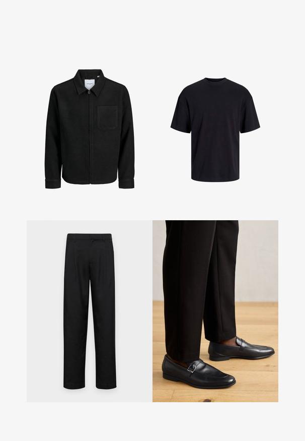Zwarte zip-up jas met kraag en enkele borstzak, weergegeven op een witte achtergrond.; Zwarte katoenen t-shirt met een ronde halslijn, korte mouwen en een relaxte pasvorm. Glad textuur en geen zichtbare patronen of accenten.; Zwarte broeken van gladde stof, met een recht model, twee voorknikken en een standaard tailleband met riemlussen.; Zwarte leren instappers met een gladde textuur, voorzien van een decoratieve gesp, gecombineerd met op maat gemaakte zwarte broek op een houten vloer.