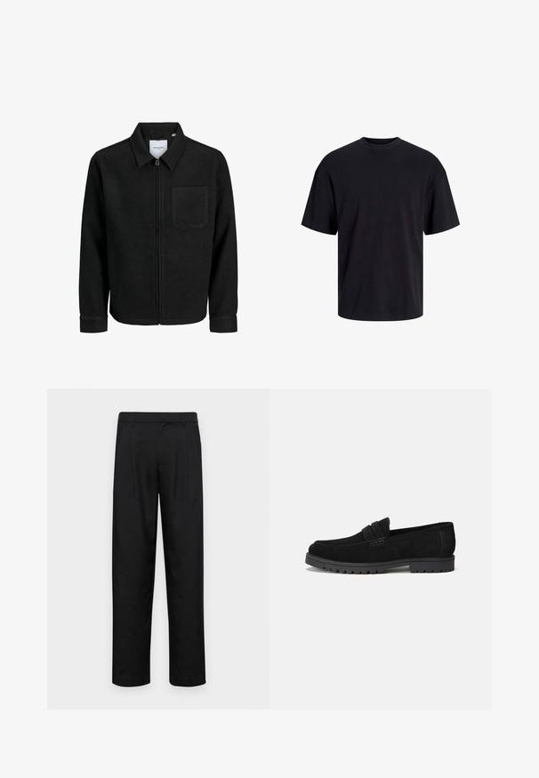 Schwarze Zip-Jacke mit Kragen und einer einzelnen Brusttasche, auf weißem Hintergrund präsentiert.; Schwarzes Baumwoll-T-Shirt mit Rundhalsausschnitt, kurzen Ärmeln und lässiger Passform. Glatte Oberflächenstruktur und keine sichtbaren Muster oder Akzente.; Schwarze Hose aus glattem Stoff, mit geradem Bein Design, zwei vorderen Falten und einem Standardbund mit Gürtelschlaufen.; Schwarze Wildleder-Lederschuhe mit abgerundetem Zehenbereich und einer genähten Akzentlinie an der Vorderseite. Gummisohle mit sichtbaren Profilen für besseren Halt.