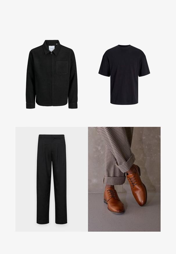 Zwarte zip-up jas met kraag en enkele borstzak, weergegeven op een witte achtergrond.; Zwarte katoenen t-shirt met een ronde halslijn, korte mouwen en een relaxte pasvorm. Glad textuur en geen zichtbare patronen of accenten.; Zwarte broeken van gladde stof, met een recht model, twee voorknikken en een standaard tailleband met riemlussen.; Bruine leren schoenen hebben een ronde neus, een vetersluiting met vijf gaten en contrasterende donkere veters. De broek is geruit en opgerold bij de mouwen.