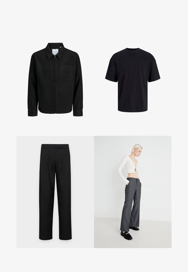 Chaqueta negra con cremallera y cuello, con un solo bolsillo en el pecho, expuesta sobre un fondo blanco.; Camiseta de algodón negra con cuello redondo, mangas cortas y un ajuste relajado. Textura suave y sin patrones ni acentos visibles.; Pantalones negros de tela suave, con un diseño de pierna recta, dos pliegues frontales y una cintura estándar con trabillas para el cinturón.; Top corto blanco de canalé con detalle de lazo, combinado con pantalones de pierna ancha rayados en gris. La modelo lleva mocasines negros con detalles dorados y está de pie sobre un fondo liso.